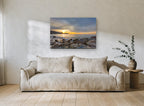 Sunrise Over Rocky Shore coastal canvas print on the wall of a living room
