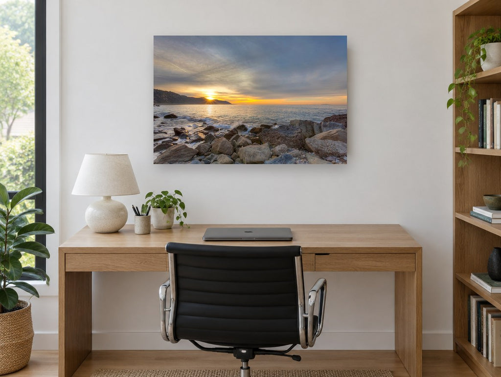 Sunrise Over Rocky Shore coastal canvas print on the wall of a study