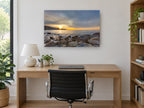 Sunrise Over Rocky Shore coastal canvas print on the wall of a study