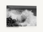 Shorebreak Burst, crashing wave black and white photograph, coastal canvas wall art print ready to hang