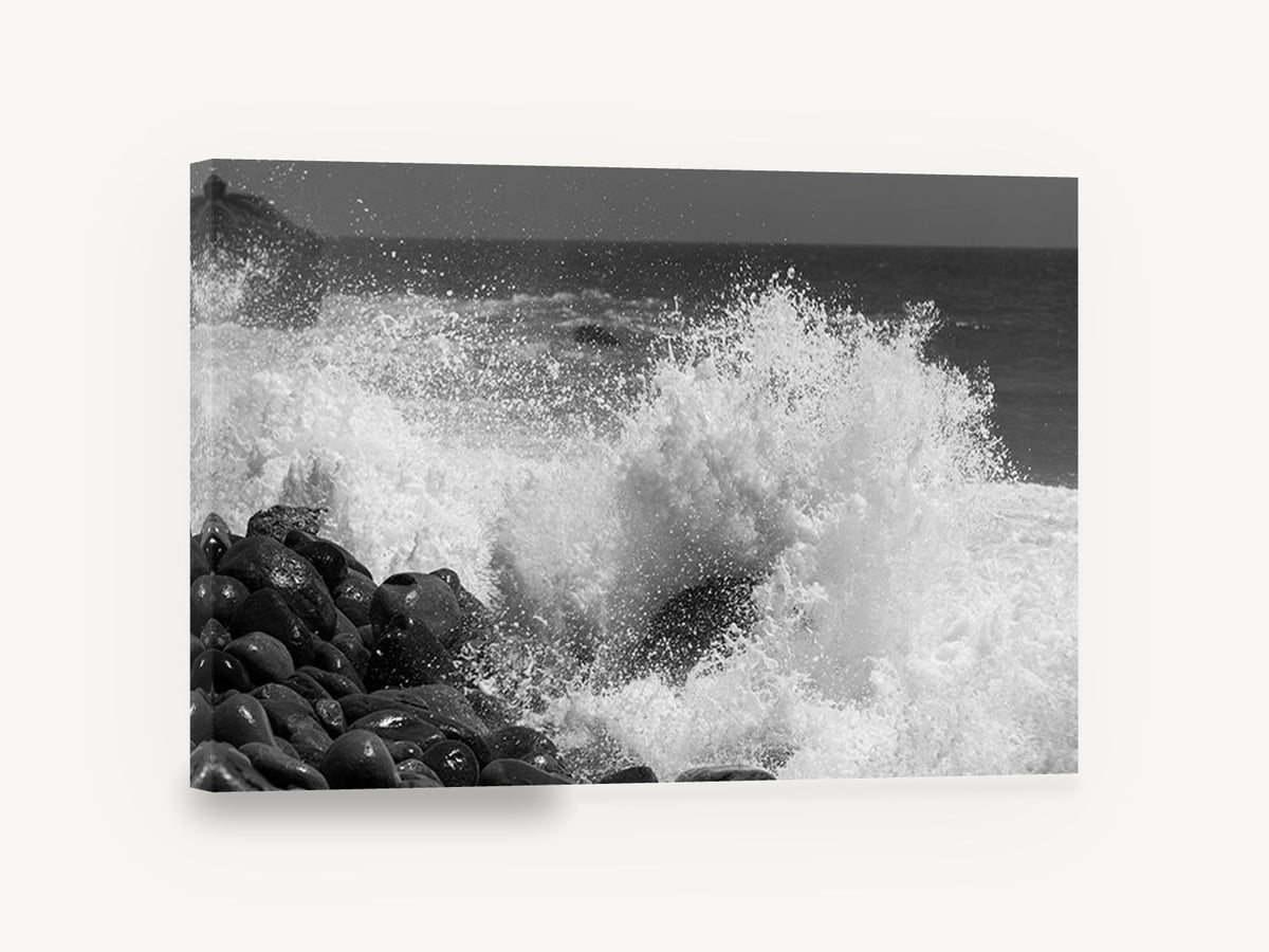 Shorebreak Burst, crashing wave black and white photograph, coastal canvas wall art print ready to hang