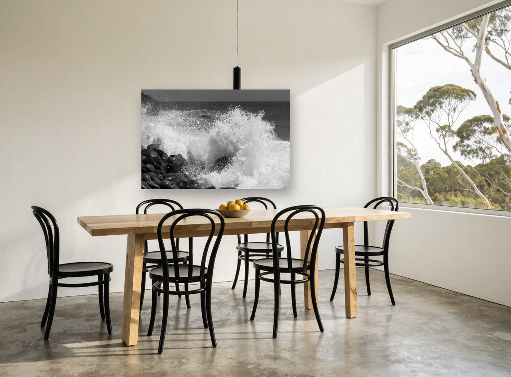 Shorebreak Burst coastal canvas print on the wall of a dining room