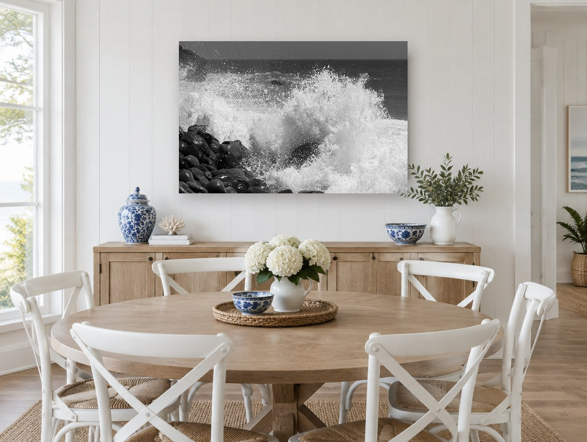Shorebreak Burst coastal canvas print on the wall of a Hamptons dining room