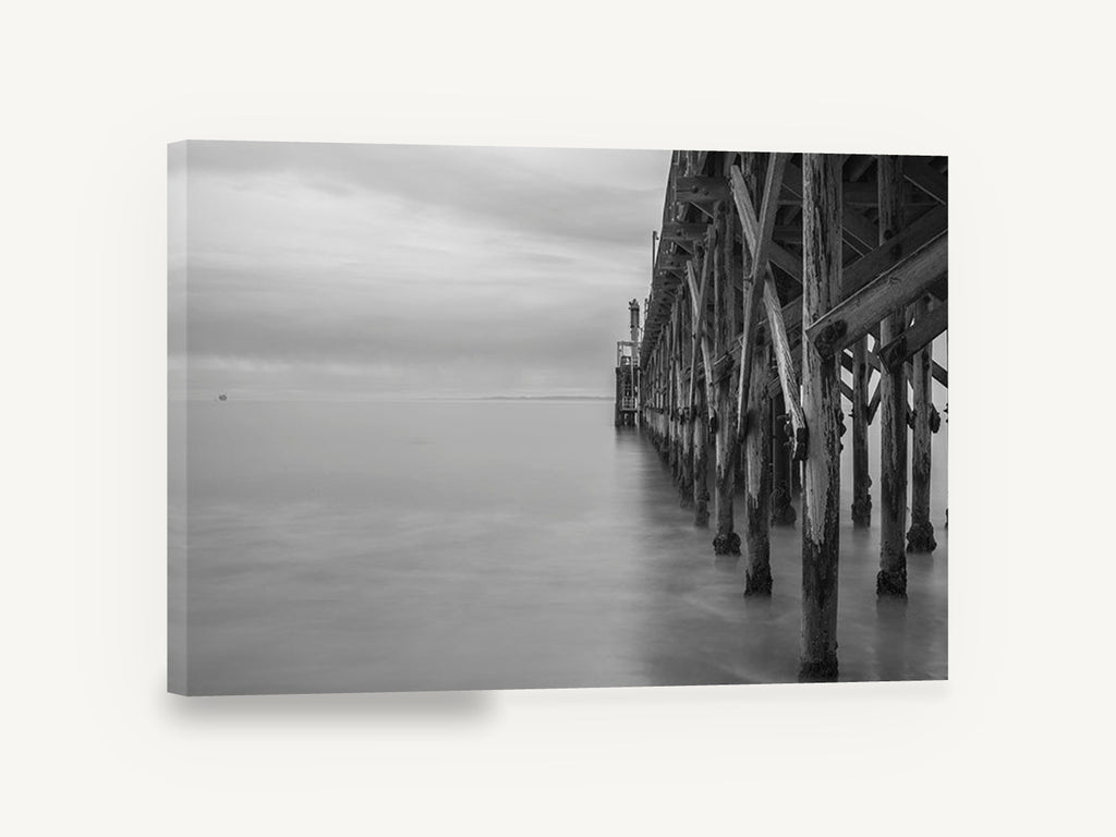 Quiet Pier Pilings, weathered pier black and white photograph, coastal canvas wall art print ready to hang