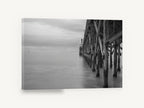 Quiet Pier Pilings, weathered pier black and white photograph, coastal canvas wall art print ready to hang