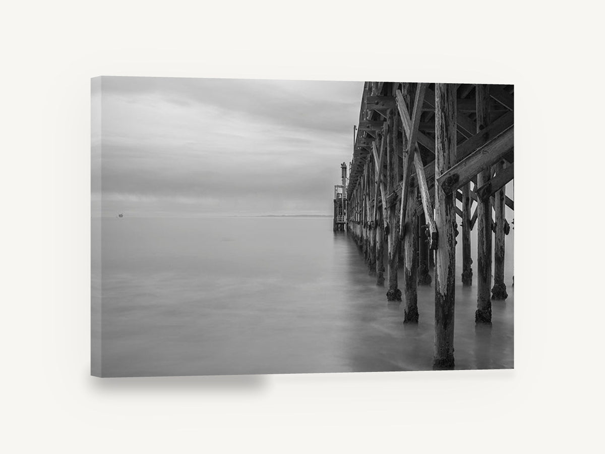 Quiet Pier Pilings, weathered pier black and white photograph, coastal canvas wall art print ready to hang