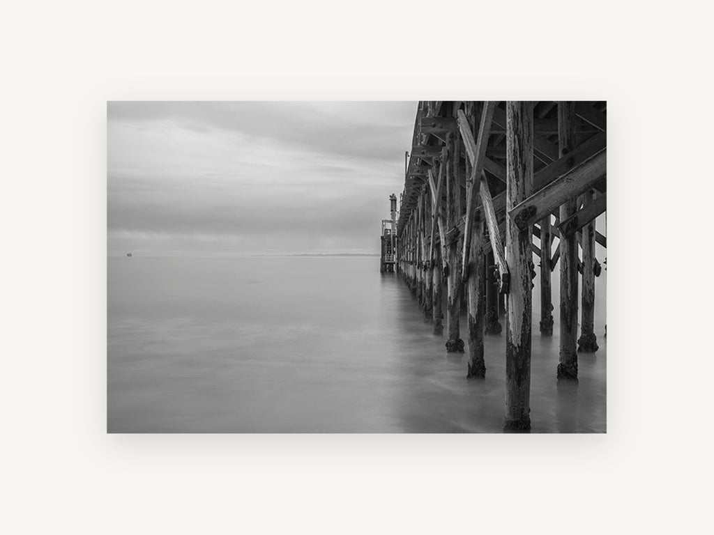 Quiet Pier Pilings, coastal canvas wall art print, front view