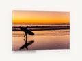 Surfer Heading Home, surfer silhouette sunset beach photograph, coastal canvas wall art print ready to hang