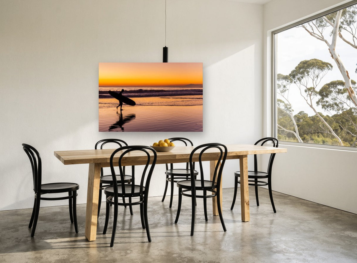 Surfer Heading Home coastal canvas print on the wall of a dining room