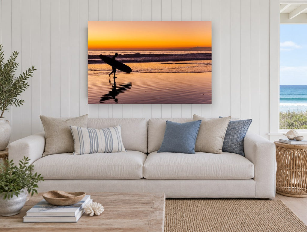 Surfer Heading Home coastal canvas print on the wall of a beach house living room
