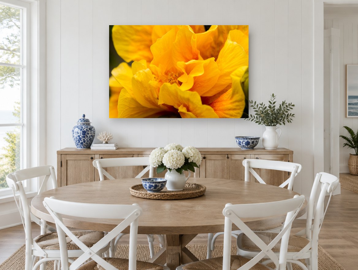 Golden Ruffles floral canvas print on the wall of a Hamptons dining room