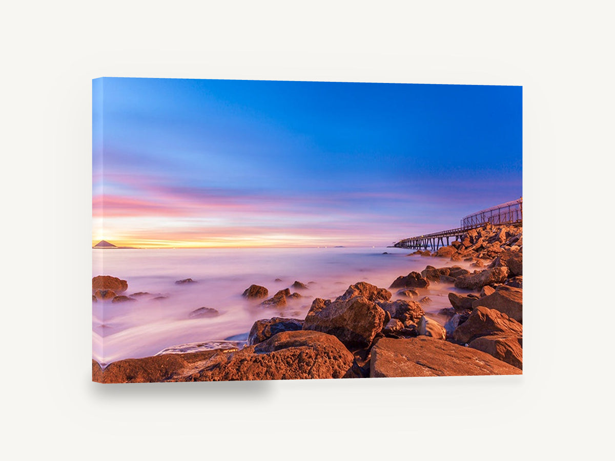 Dusk Over Rocky Shore, sunset rocky shore pier photograph, coastal canvas wall art print ready to hang
