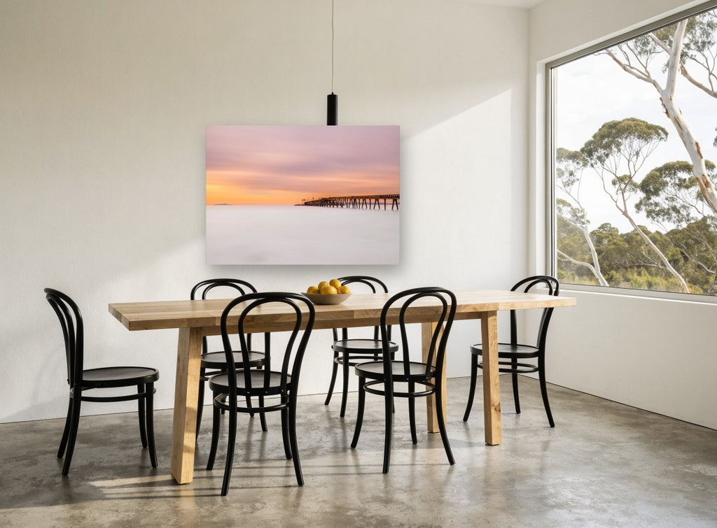 Soft Dusk Pier coastal canvas print on the wall of a dining room