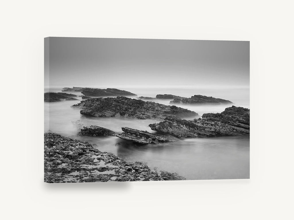 Misty Rock Shelves, misty rocky coast black and white photograph, coastal canvas wall art print ready to hang