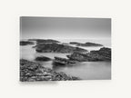 Misty Rock Shelves, misty rocky coast black and white photograph, coastal canvas wall art print ready to hang