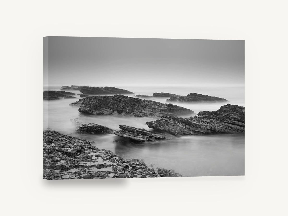 Misty Rock Shelves, misty rocky coast black and white photograph, coastal canvas wall art print ready to hang