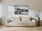 Misty Rock Shelves coastal canvas print on the wall of a living room