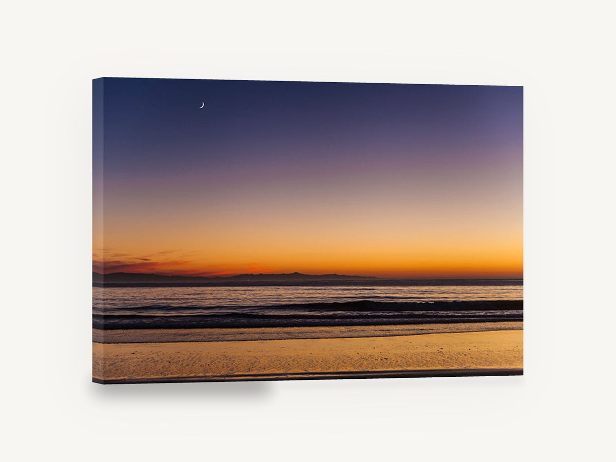 Crescent Moon Dusk, crescent moon sunset beach photograph, coastal canvas wall art print ready to hang
