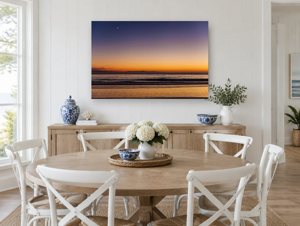 Crescent Moon Dusk coastal canvas print on the wall of a Hamptons dining room