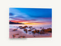 Dawn Glow Over Rocks, sunrise beach rocks long exposure photograph, coastal canvas wall art print ready to hang