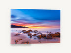 Dawn Glow Over Rocks, sunrise beach rocks long exposure photograph, coastal canvas wall art print ready to hang