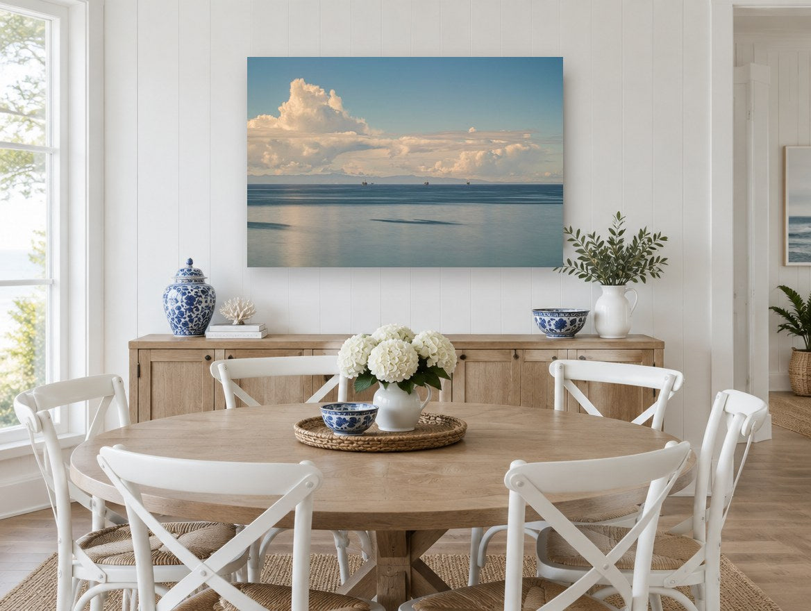 Calm Water Cloud Bank coastal canvas print on the wall of a Hamptons dining room