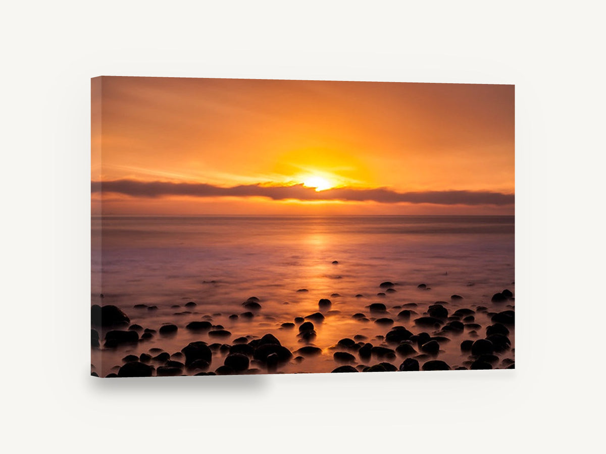 Amber Pebble Shore, pacific sunset pebble beach photograph, coastal canvas wall art print ready to hang