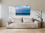 Blue Hour Pier coastal canvas print on the wall of a living room