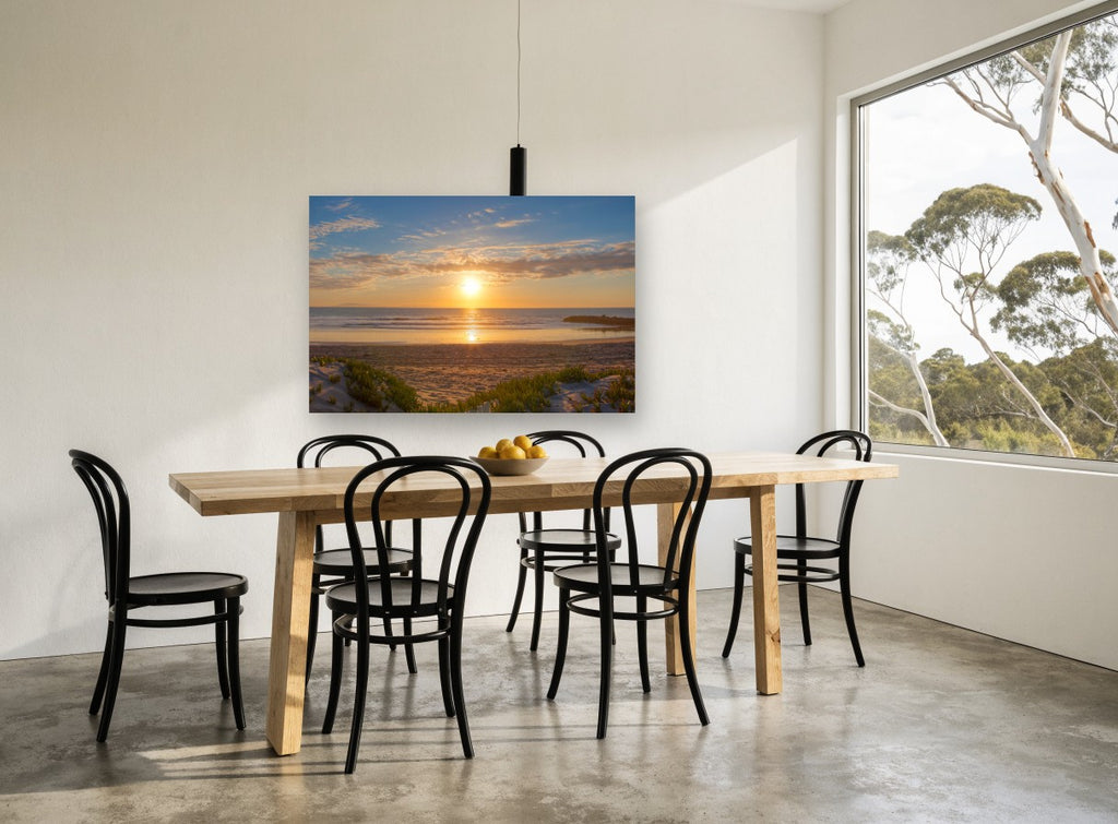 Golden Dune Sunset coastal canvas print on the wall of a dining room