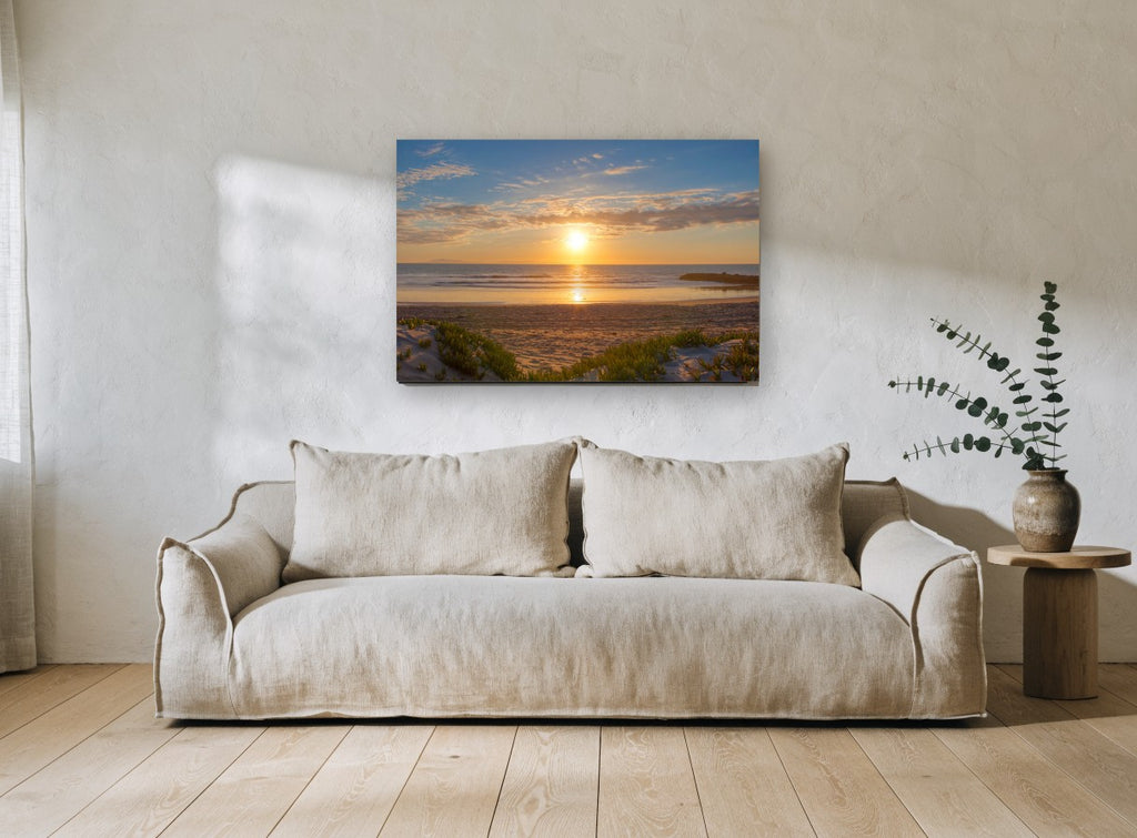 Golden Dune Sunset coastal canvas print on the wall of a living room