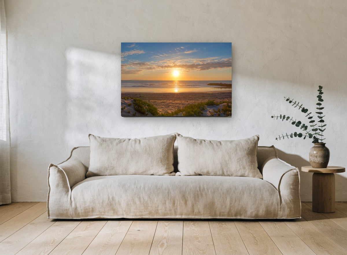 Golden Dune Sunset coastal canvas print on the wall of a living room