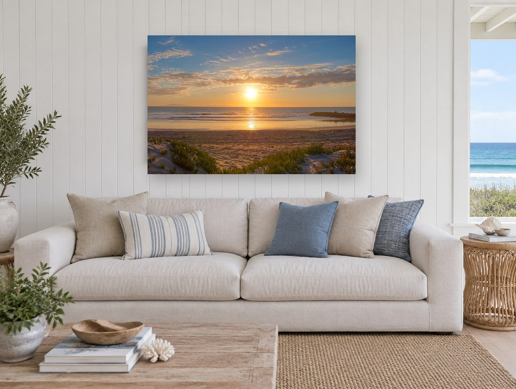 Golden Dune Sunset coastal canvas print on the wall of a beach house living room