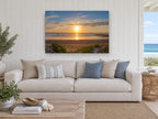 Golden Dune Sunset coastal canvas print on the wall of a beach house living room