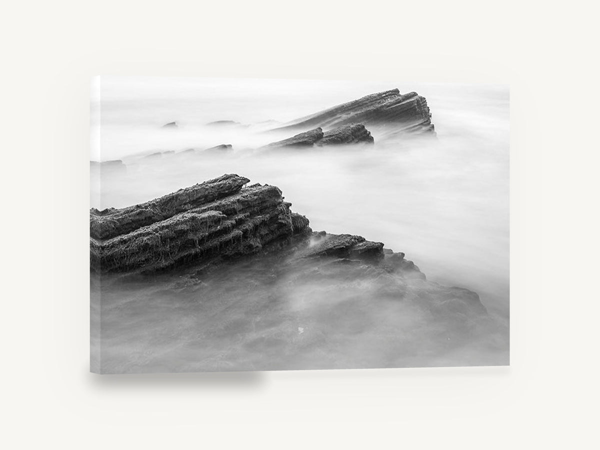 Misted Rock Ledges, misty rock ledges black and white photograph, coastal canvas wall art print ready to hang