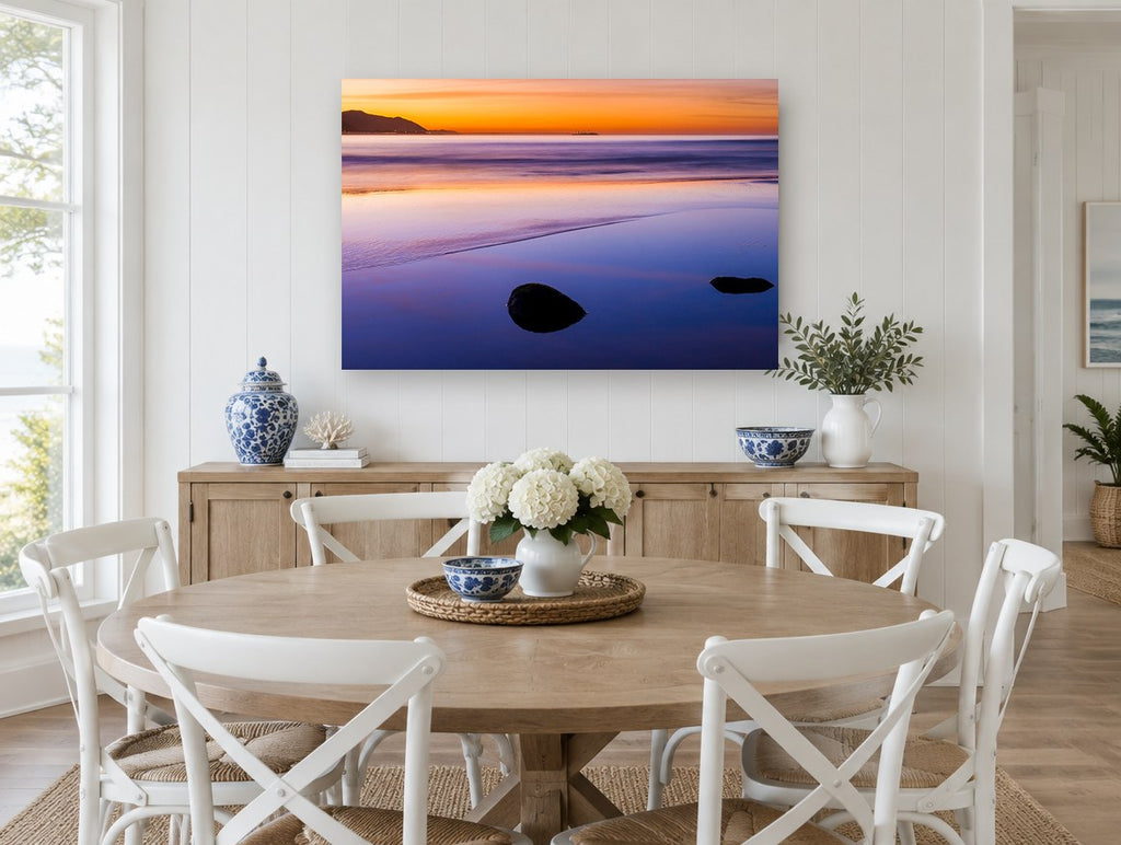 Dusk Reflections coastal canvas print on the wall of a Hamptons dining room