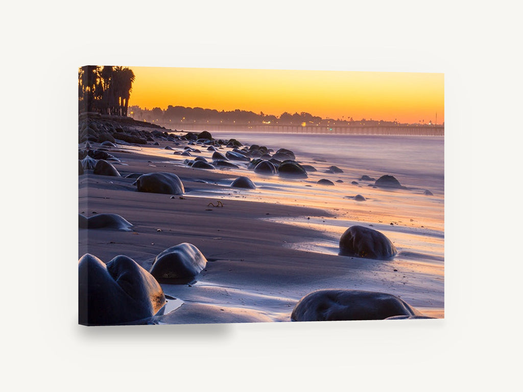 Dusk Boulders Shoreline, sunset beach boulders pier photograph, coastal canvas wall art print ready to hang