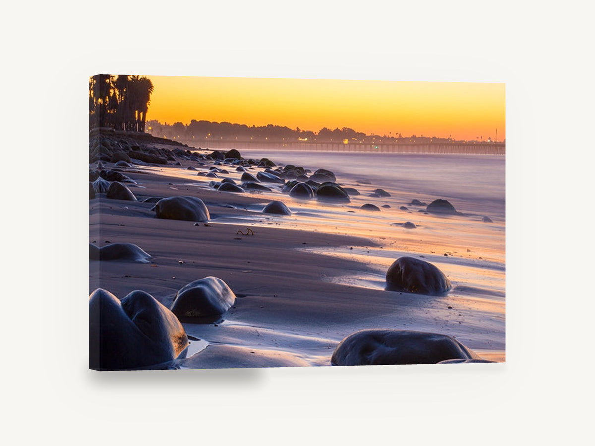 Dusk Boulders Shoreline, sunset beach boulders pier photograph, coastal canvas wall art print ready to hang