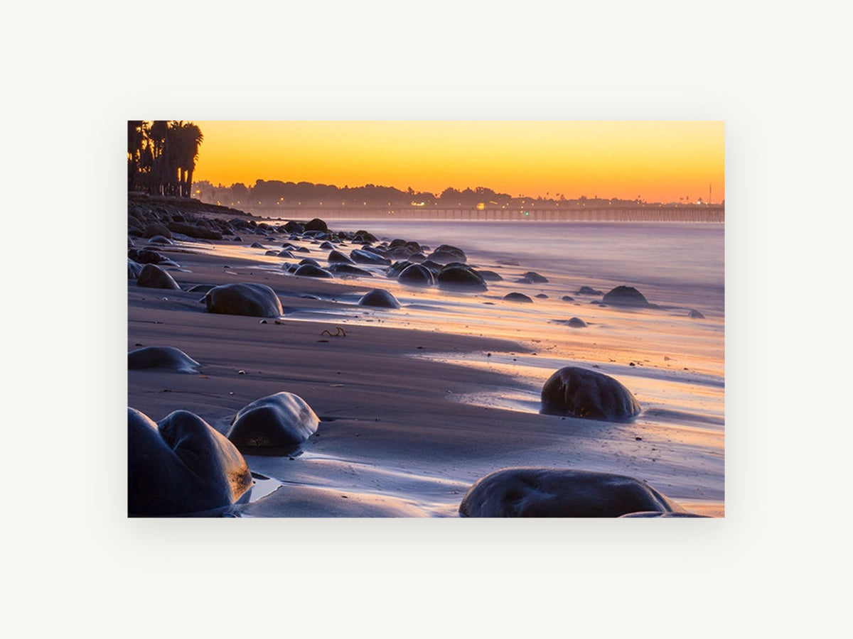 Dusk Boulders Shoreline, coastal canvas wall art print, front view