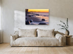Dusk Boulders Shoreline coastal canvas print on the wall of a living room