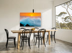 Sunset Wave Burst coastal canvas print on the wall of a dining room