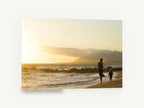 Golden Hour Shoreline Stroll, mother and child beach sunset photograph, coastal canvas wall art print ready to hang