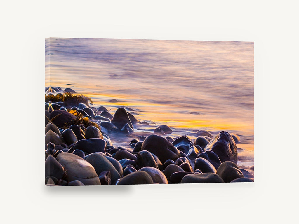Dusk Pebble Shore, wet pebble beach sunset photograph, coastal canvas wall art print ready to hang