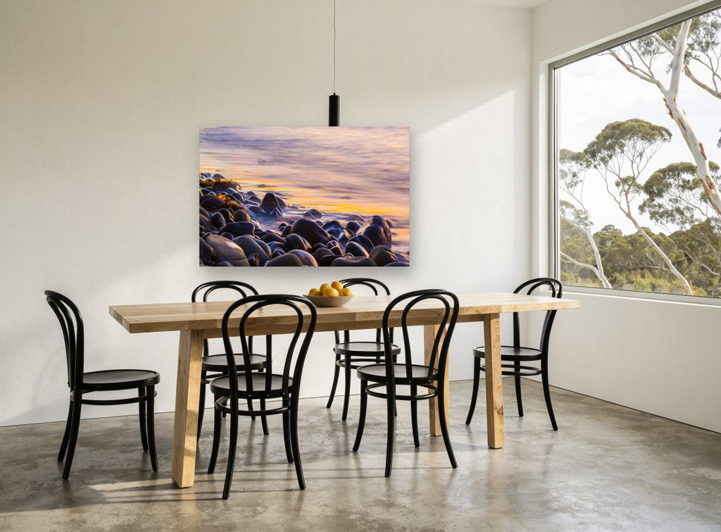 Dusk Pebble Shore coastal canvas print on the wall of a dining room
