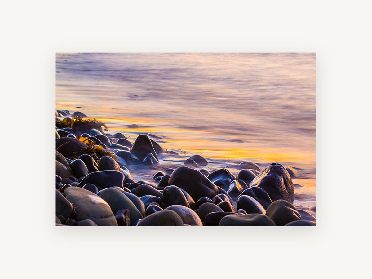 Dusk Pebble Shore, coastal canvas wall art print, front view