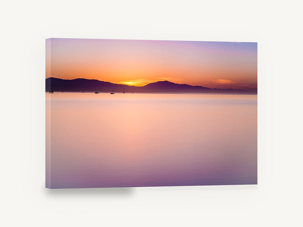 Violet Dawn Calm, calm purple sunrise seascape photograph, coastal canvas wall art print ready to hang