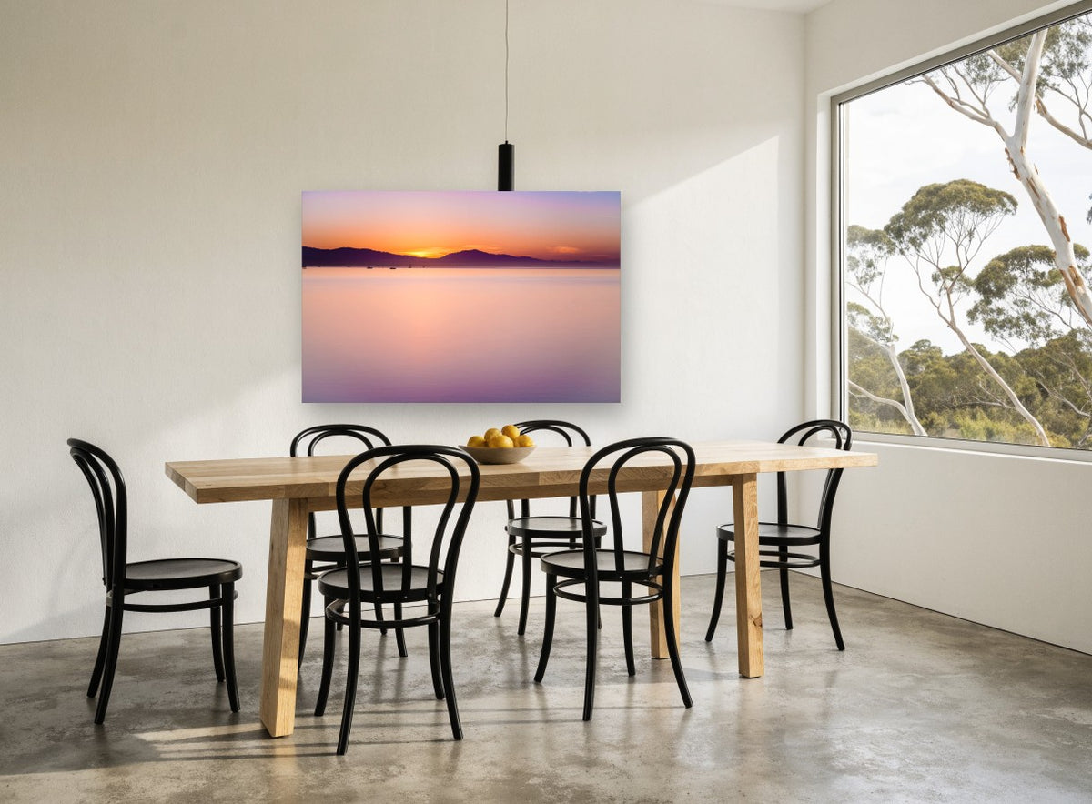 Violet Dawn Calm coastal canvas print on the wall of a dining room