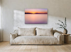 Violet Dawn Calm coastal canvas print on the wall of a living room