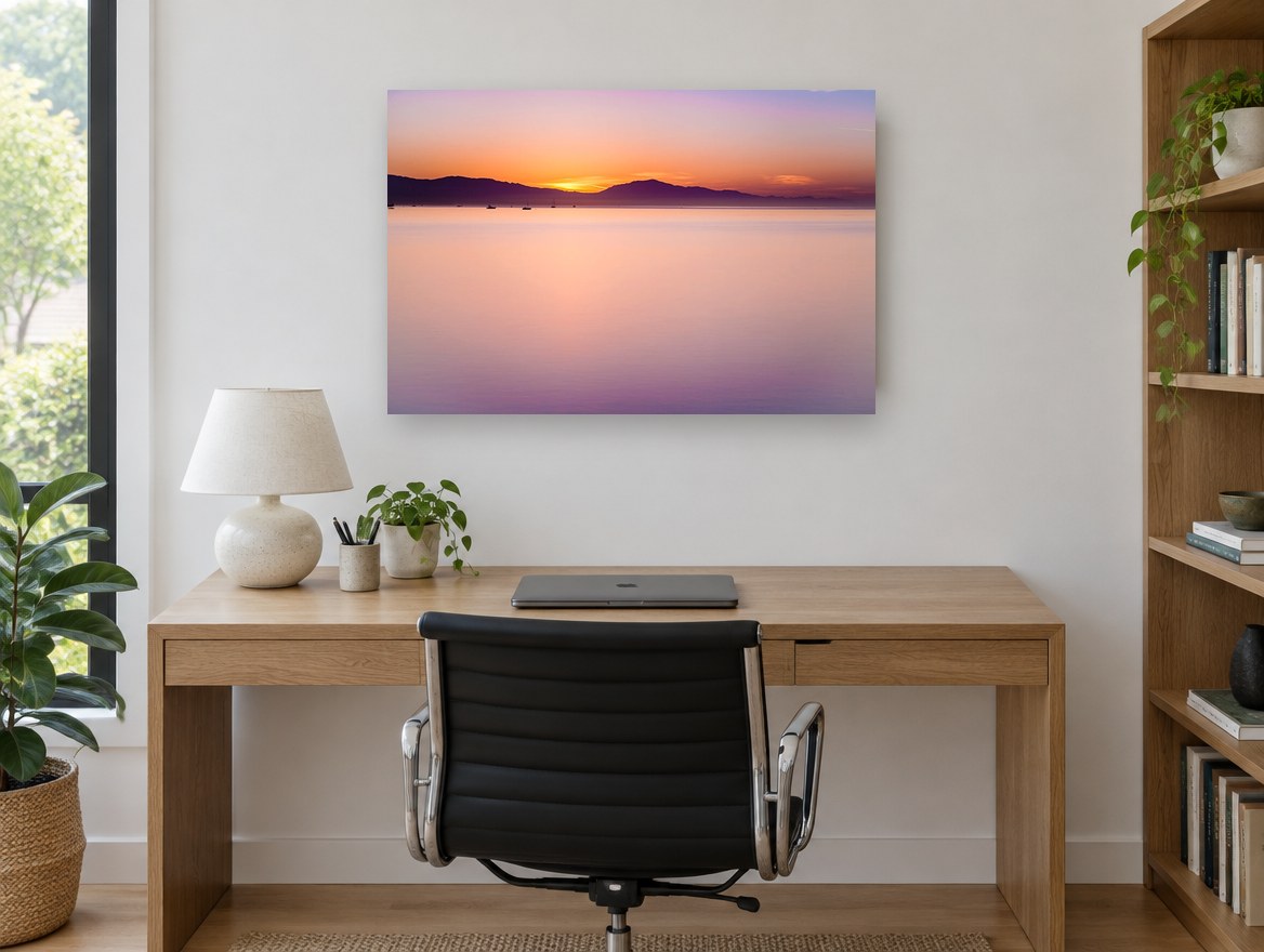Violet Dawn Calm coastal canvas print on the wall of a study