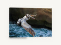 Pelican Over Surf, flying pelican over ocean photograph, coastal canvas wall art print ready to hang