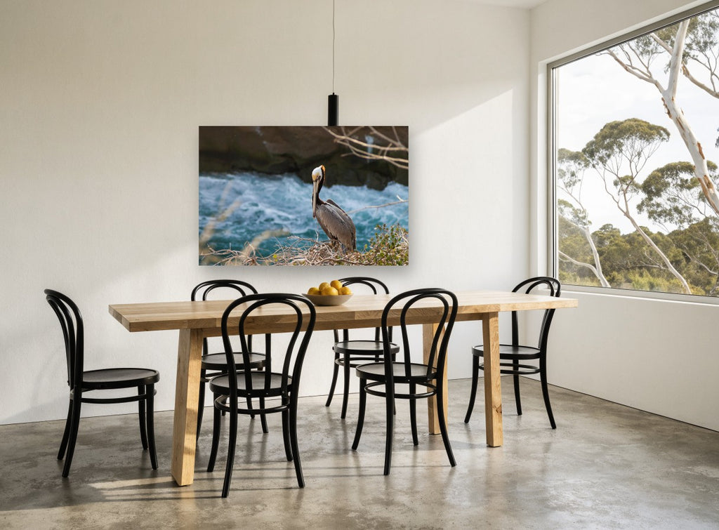 Pelican on the Ledge coastal canvas print on the wall of a dining room